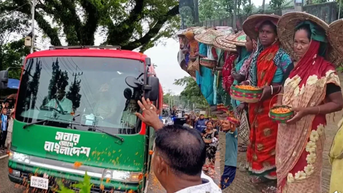 সিলেটে প্রধানমন্ত্রীকে ফুল ছিটিয়ে অভ্যর্থনা চা-শ্রমিকদের