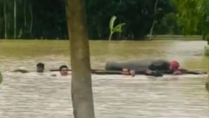 চারদিকে বন্যার পানি, ভেলায় ভাসিয়ে লাশ নেওয়া হলো ২ কিমি দূরের কবরস্থানে