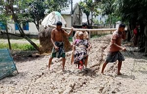কাদায় চলে না গাড়ি, অসুস্থ মাকে বাঁশে ঝুলানো চেয়ারে হাসপাতালে নিলেন দুই ছেলে